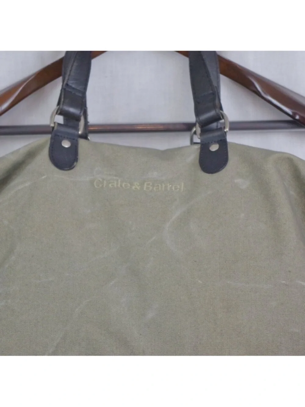 Crate & Barrel Zip Top Canvas Weekender Duffel Bag in Olive with Black Handles